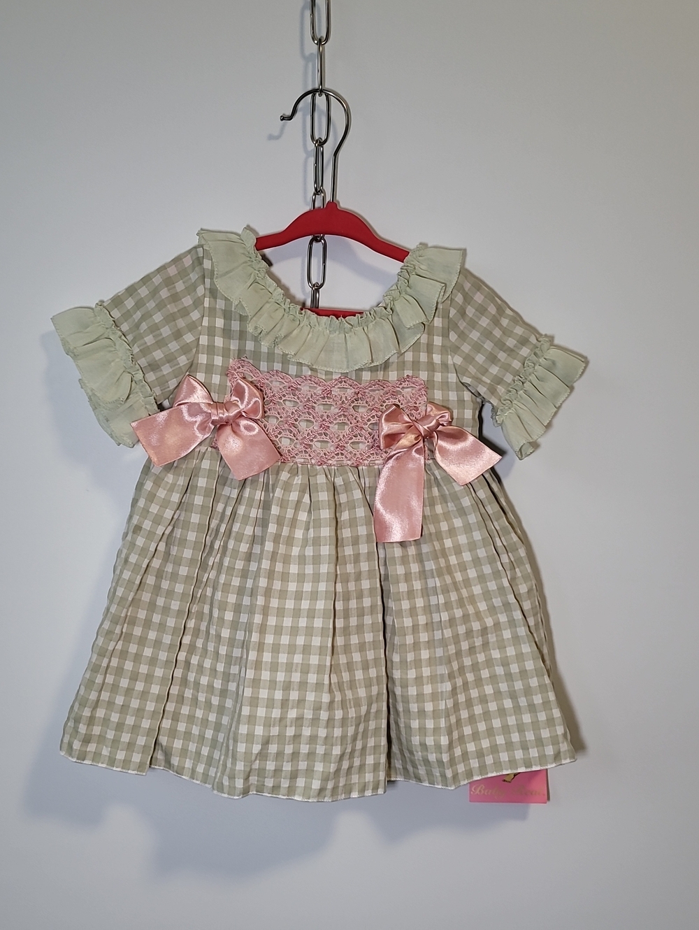 Smocked Green Gingham Dress with Pink Satin Bows